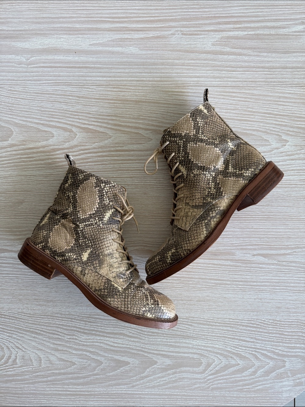 Snake-Print Lace-Up Ankle Boots - Tan/Brown